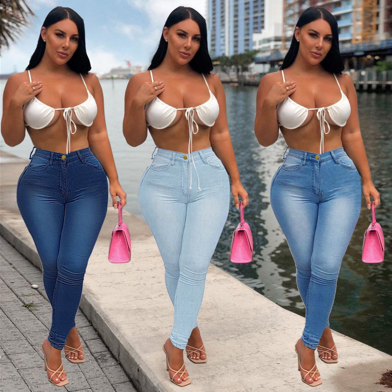 Jeans Ajustados Casuales para Mujer de Algodón, Cintura Alta, Lavado