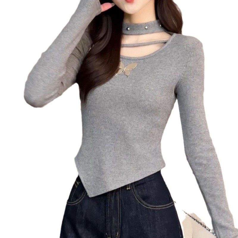 不規則な長袖の底のシャツのtシャツの女性の春と秋の冬はやせている大きいサイズのデザイン感があります。|undefined