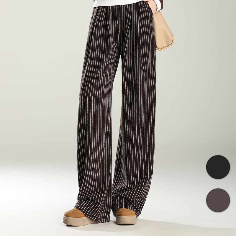 0141 Striped Elastic Waist Wide-Leg Pants for Women, Autumn and Winter, Guangzhou Thirteen Rows Nanyou High-End Four Seasons Green, Fleece-Lined and Thickened 0141 Striped Elastic Waist Wide-Leg Pants for Women, Autumn and Winter, Guangzhou Thirteen Rows Nanyou High-End Four Seasons Green, Fleece-Lined and Thickened