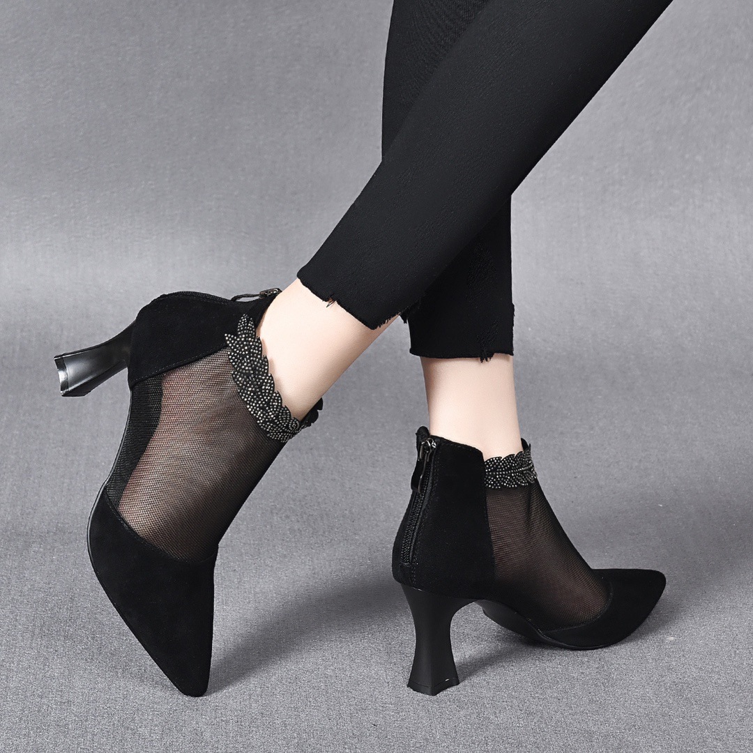 Boot lưới nữ cao gót mùa hè, cổ thấp, chất liệu da thật thoáng khí — Màu Đen Cashmere + lưới