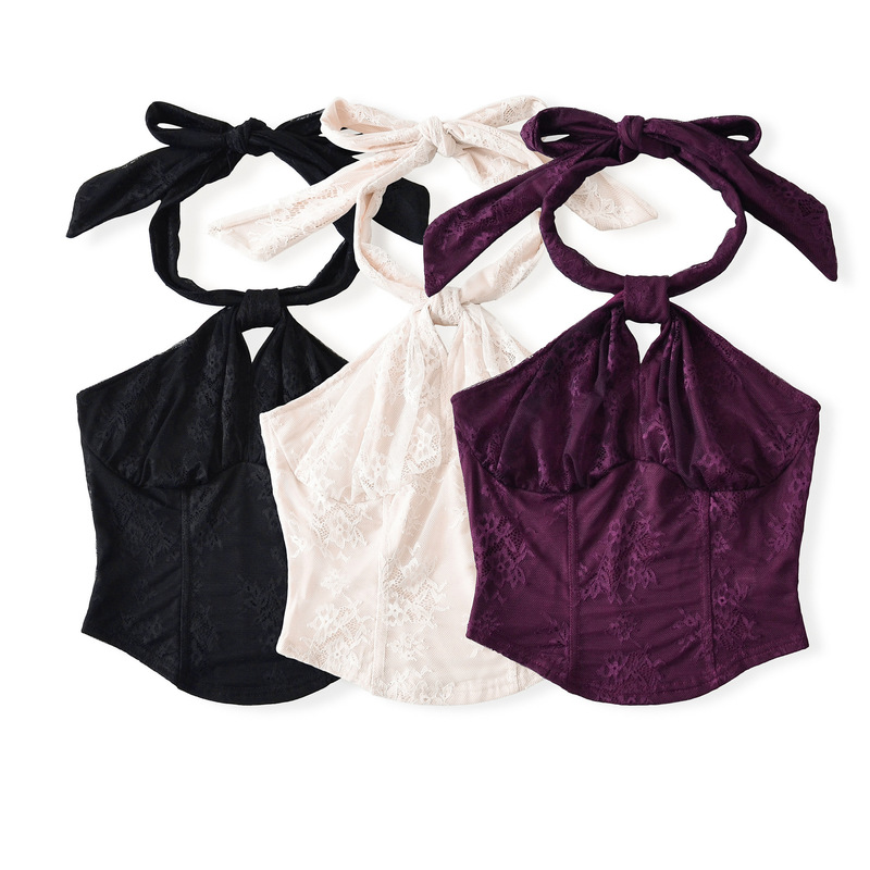 2025 Lace Halterneck Tube Top Sexy Exposed Short Back Fishbone Suspender Top Bow Vest Slim Fit