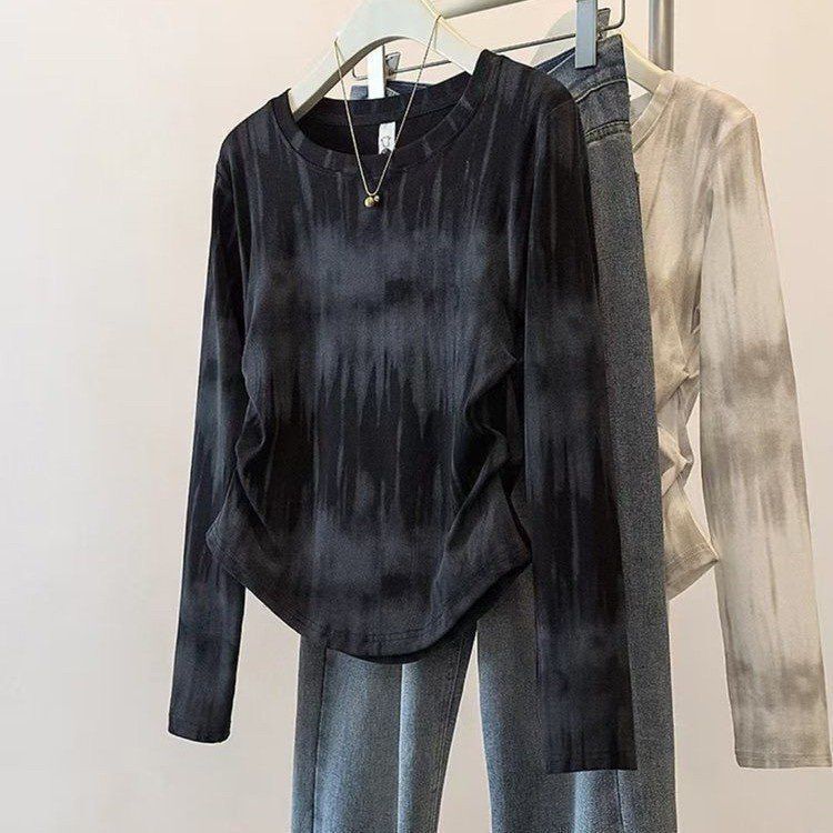 Designed Plus Size Autumn and Winter New Style German Velvet Tie-Dye Long-Sleeved T-Shirt Women's Slimming Look Pleated Age-Reducing Right Shoulder Top Designed Plus Size Autumn and Winter New Style German Velvet Tie-Dye Long-Sleeved T-Shirt Women's Slimming Look Pleated Age-Reducing Right Shoulder Top