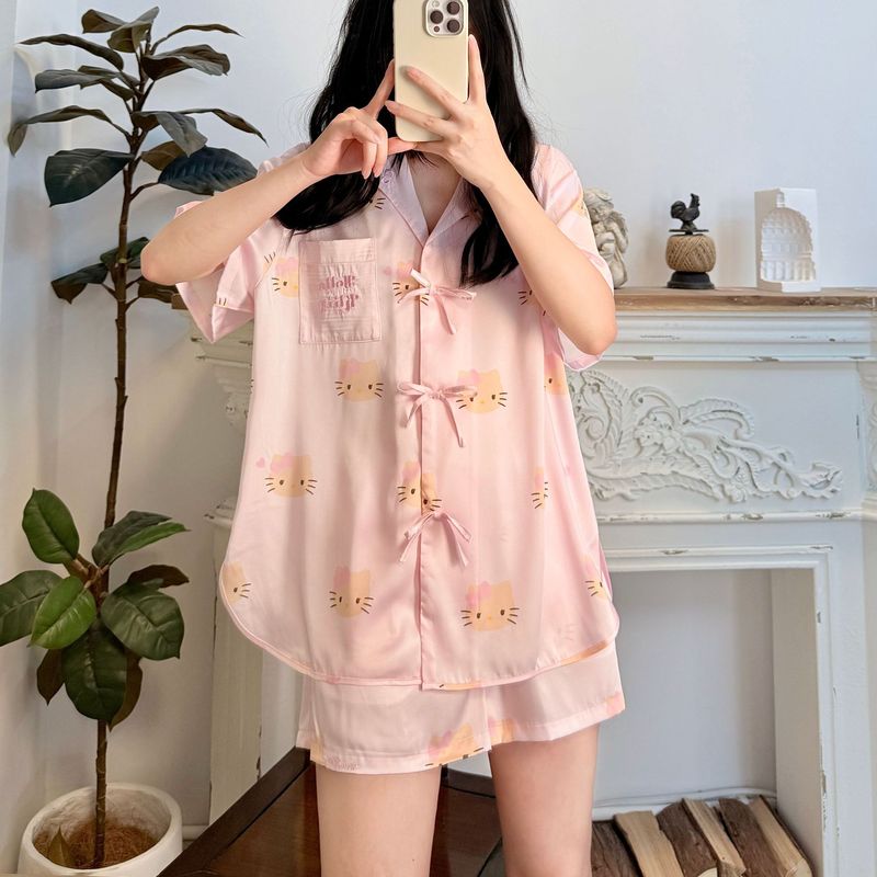 甜美kitty粉色星光缎睡衣女蝴蝶结夏季短袖短裤可外穿家居服套装|undefined