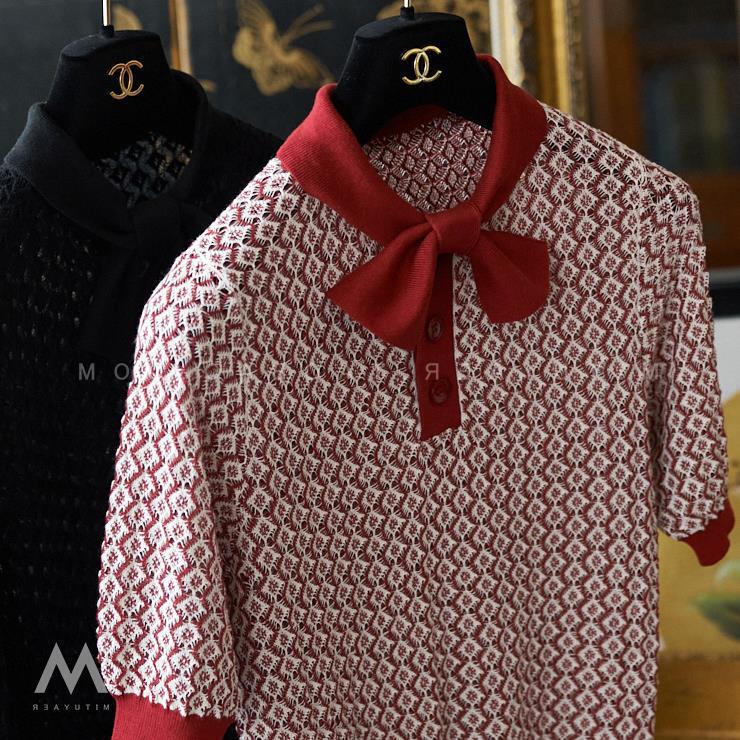 Hanyuan Apparel/Butterfly Bow Tie Hollow Crochet Silk Cotton Short Sleeve Knit Top