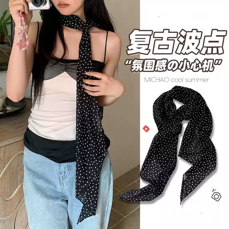 32# classic elegant black polka dot silk scarf about 160cm