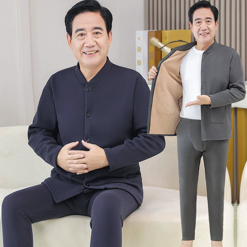 Зимний утолщенный кардиган для папы на флисовой подкладке, костюм с термобельем, Мужская холодостойкая осенняя одежда среднего и пожилого возраста, осенние брюки, Базовая рубашка