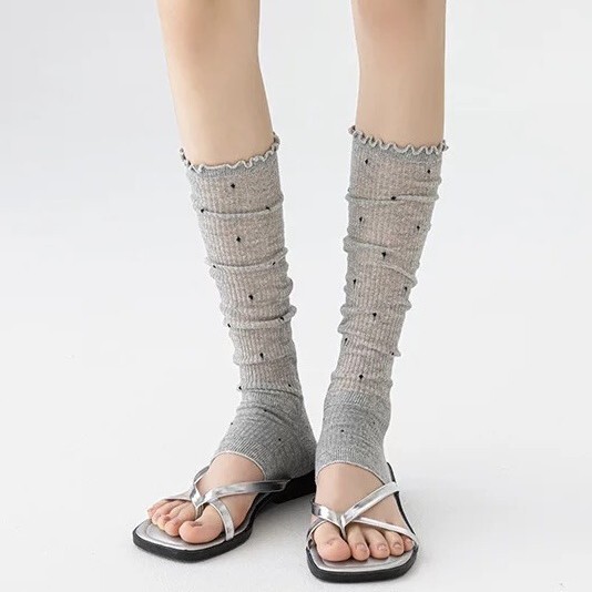 Spring and Summer Sock Sets, Polka Dot Stirrup Socks, Gray Miu-Style Lace Calf Socks, Versatile Breathable Thin Socks