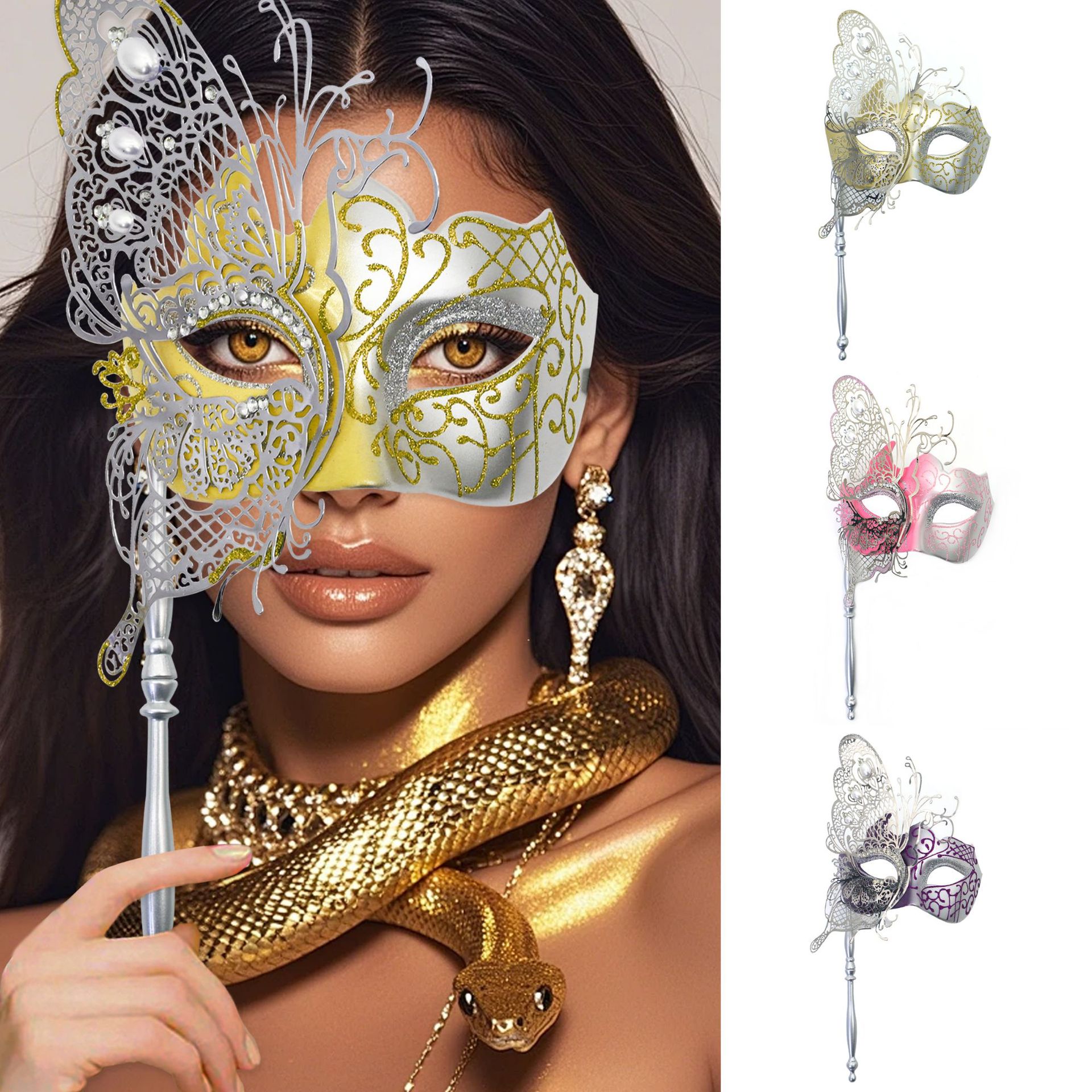 Ventas transfronterizas de diamantes de mano máscara de baile de maquillaje mariposa pintada de hierro forjado mitad cara máscara de carnaval sexy