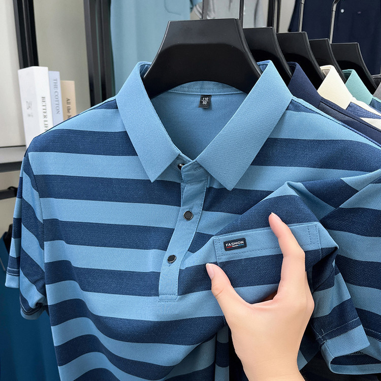 夏の新作メンズ半袖Tシャツ中年紳士本物のポケットストライプ半袖ラペルTシャツメンズ外国貿易|undefined