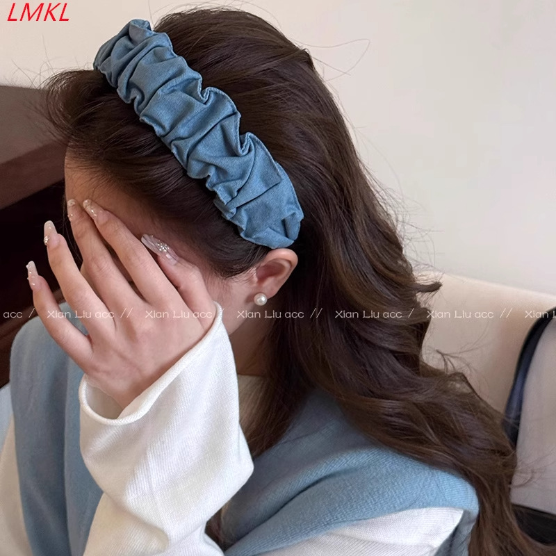 つば広デニムプリーツヘッドバンド、高級感、シンプルで多用途、顔が見える高頭頂部、小さなヘッドバンド、洗顔用ヘアピン、ヘッドバンド|undefined