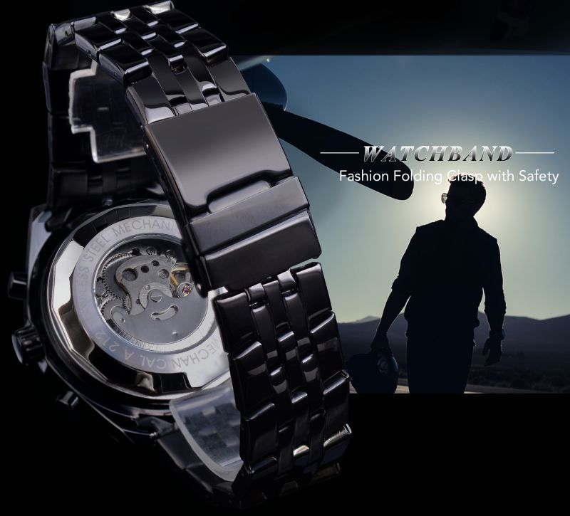 Moda jaragar hombres europeos y americanos negro casual hueco multifunción gran dial automático reloj de pulsera mecánico