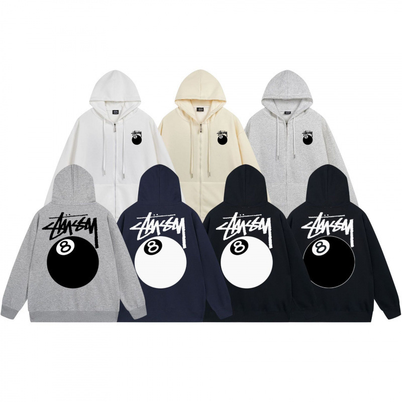 American Trend Stussy Black Eight Printed Zipper Hoodie Casual Loose Fit Couple's Cardigan Hooded Sweatshirt
