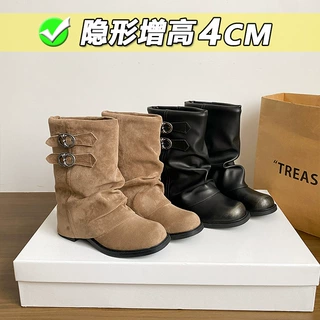 皮带扣褶皱堆堆靴女小个子新款粗跟复古西部牛仔短靴裤管骑士靴子