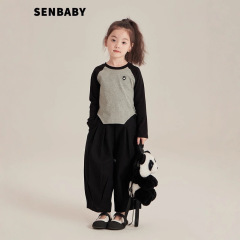 Senbaby儿童套装秋款女童洋气百搭不规则修身插肩袖T+黑色南瓜裤