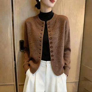 老钱风穿搭针织开衫女秋季2026新款大码胖MM慵懒气质圆领毛衣外套