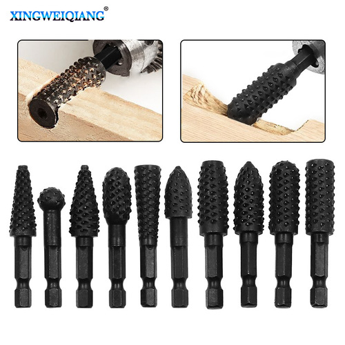 Hexagonal handle 10-piece set wolf tooth rotary wood file, woodworking grinding rotary file, electric sanding head