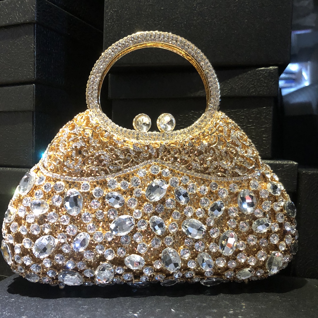 Túi clutch nữ đính kim cương hình oval pha lê dạ hội — Nền vàng kim cương trắng, Đế Vàng Kim Cương, Màu bạc, Cá tính đặt làm chi tiết 1