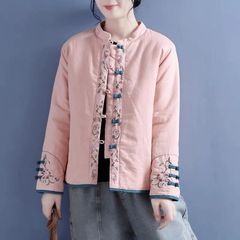 中国风棉麻绣花棉服女复古盘扣立领对襟棉衣中式厚外套棉衣女