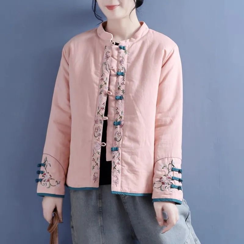 中国风棉麻绣花棉服女复古盘扣立领对襟棉衣中式厚外套棉衣女