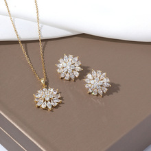 项链女网红太阳花锆石花朵小众新款设计吊坠气质耳环套装钛钢项链