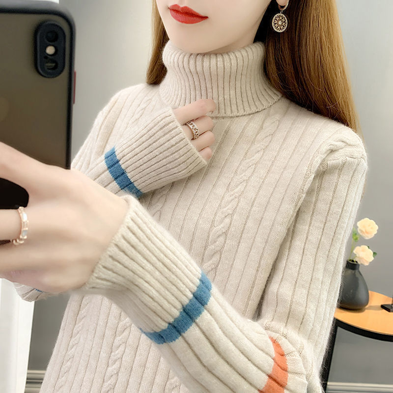 2026 New Foreign Trade Lazy Style Knit Sweater, Women's High Collar Sweater, Thickened Loose Pullover for Autumn and Winter, Color Block Inner Layer