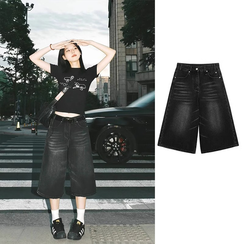 American Retro Hip Denim Shorts Women's Autumn New Design Sense High Street Loose Wide Leg Slimming Straight Pants American Retro Hip Denim Shorts Women's Autumn New Design Sense High Street Loose Wide Leg Slimming Straight Pants