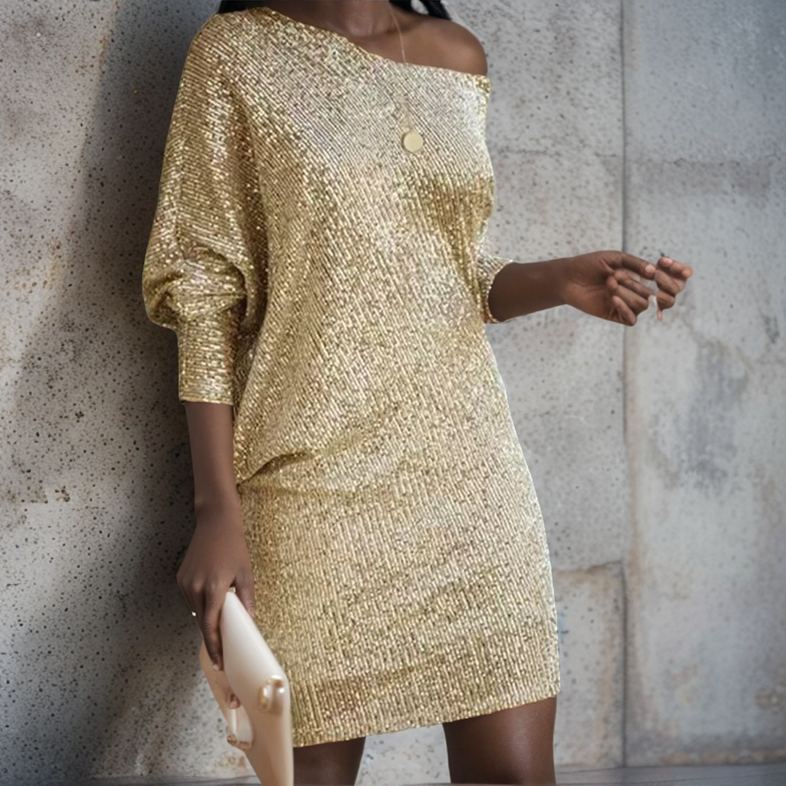 Abito da sera donna con paillettes spalle scoperte maniche lunghe_voghion.com