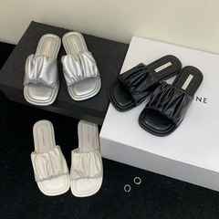 338-4~2024年夏季新款平底法式褶皺方頭露趾懶人涼拖鞋女外穿