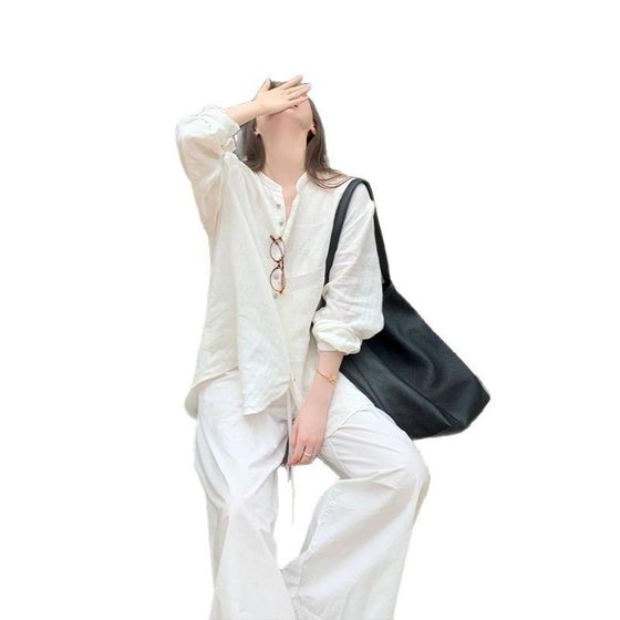 Korean Style Simple Elegant Cotton and Linen Long Sleeve Pajamas Women's Spring and Autumn New Thin Cardigan Trousers Home Clothes suit Outer Wear