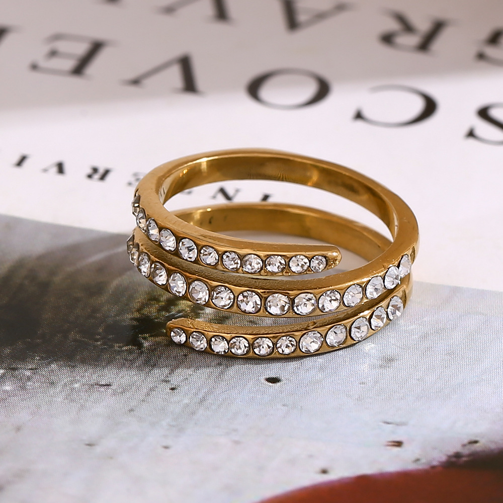 Three Layers White Diamond Inlaid Stainless Steel Ring