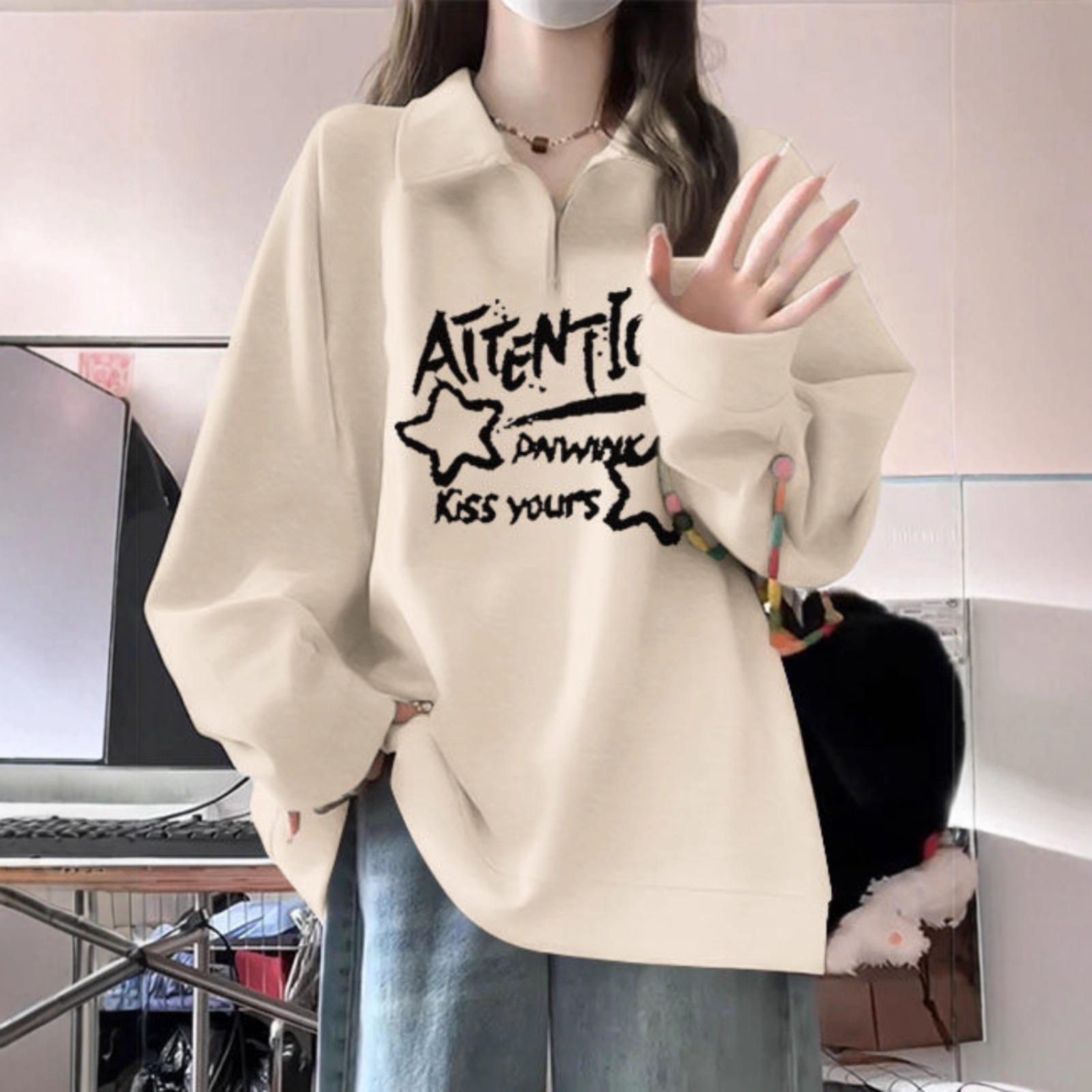 青少年长袖polo领拉链卫衣少女大童春秋加厚初中高中学生宽松上衣