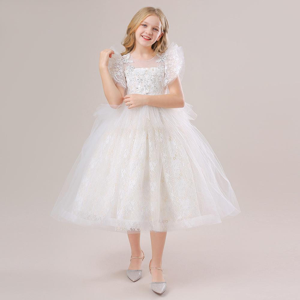Nuevo vestido para niños Vestido de princesa Vestido de boda de malla para niños medio y grande Vestido largo pettiskirt pequeño vestido de manga voladora