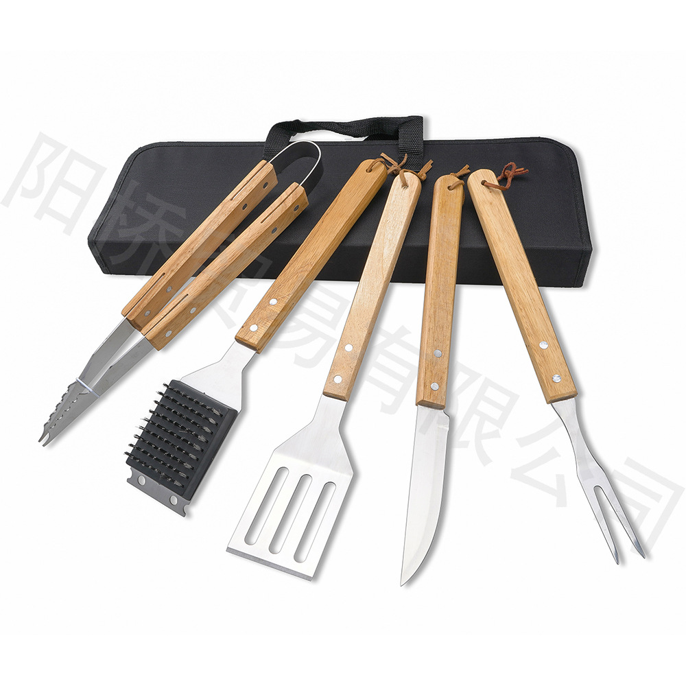Venta al por mayor Amazon barbacoa herramienta combinación traje de acero inoxidable herramienta para hornear cuchillo pala tenedor clip mango de madera herramientas de cocina