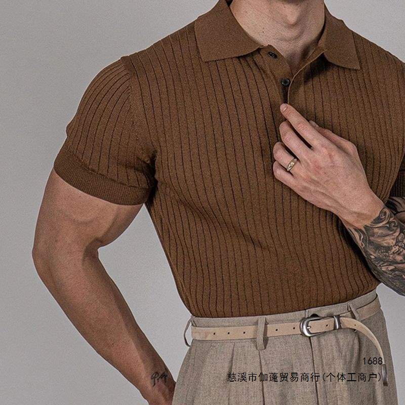 Summer striped short-sleeved polo shirt for men, Korean style, slim fit, lapel, solid color, business style, thin, trendy knit top.