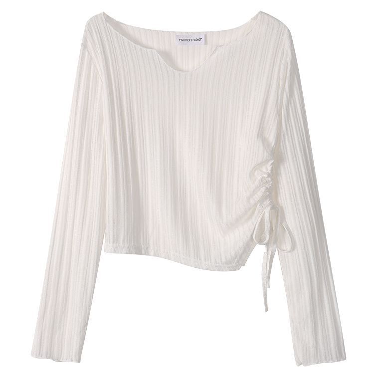Libaxi-White Drawstring Long-Sleeved Sun Protection Blouse for Women 2026 Autumn Asymmetrical Slimming Look Right-Shoulder T-Shirt Top