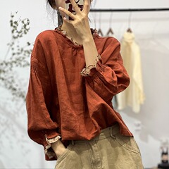 レトロな花の縁の襟の綿麻の長袖のシャツの女性の春秋の金のゆったりしているカジュアルなデザイン感の小さい大衆の亜麻の小さいシャツの上着