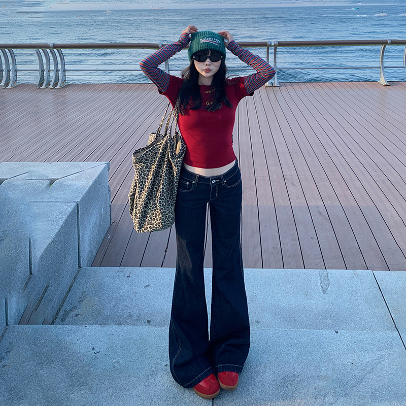 Vintage Dark-Colored Flared Jeans for Women, 2026 Spring/Summer New Style, Low-Waist, Loose Fit, Drapey, Non-Tight, Floor-Length Straight Pants Vintage Dark-Colored Flared Jeans for Women, 2026 Spring/Summer New Style, Low-Waist, Loose Fit, Drapey, Non-Tight, Floor-Length Straight Pants
