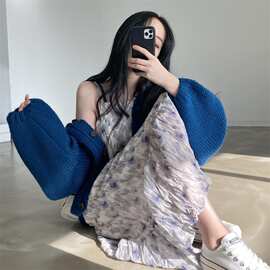 韩国chic夏季新款气质百搭水墨印花褶皱拼接吊带中长款连衣裙女