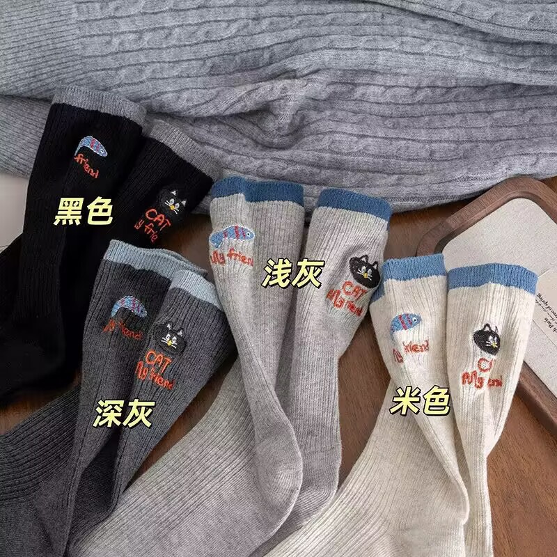 新款猫与鱼AB版不对称百搭可爱ins潮卡通少女潮流中筒堆堆袜女袜|undefined
