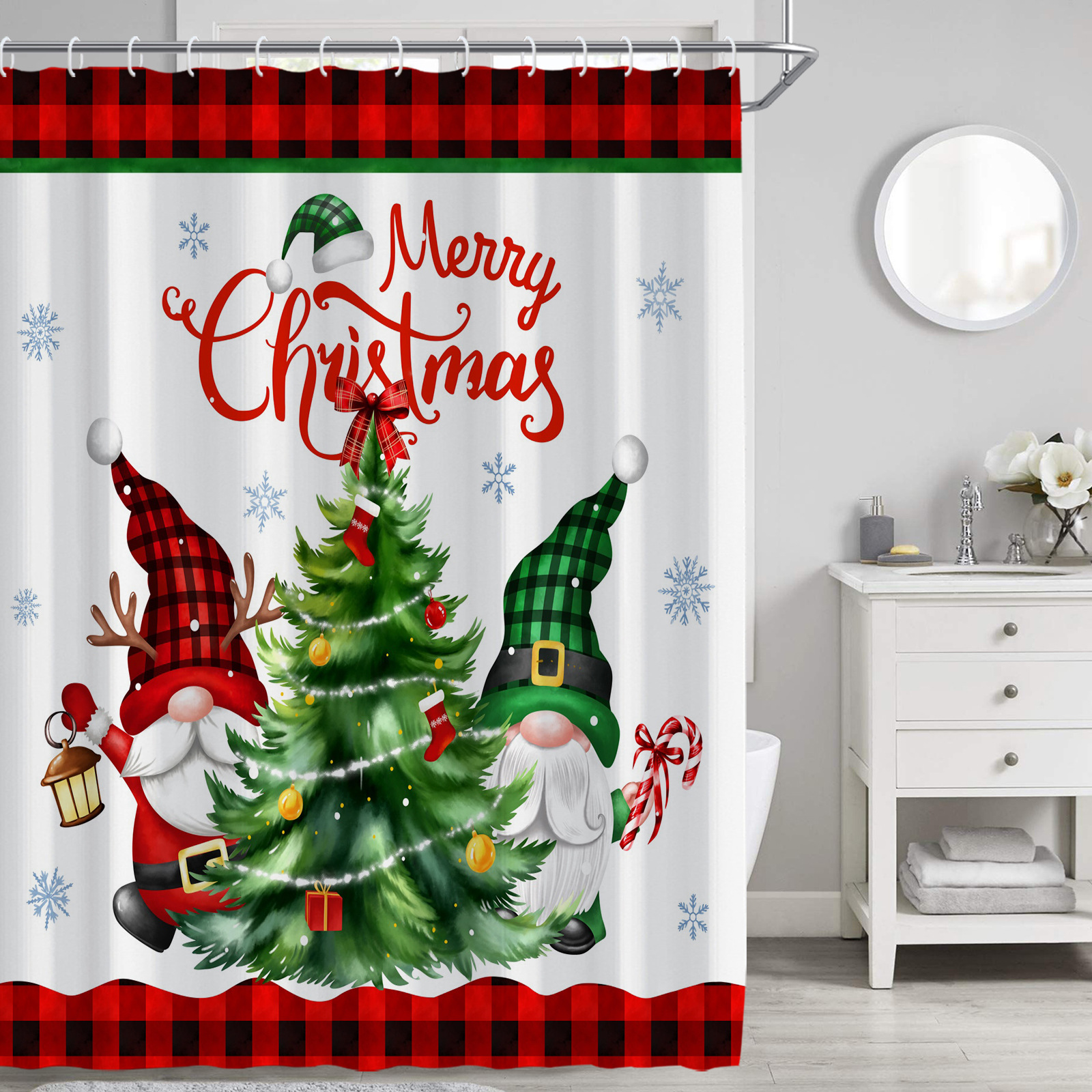 Christmas Waterproof and Mildew-Proof Thickened Bathroom Curtain Set, Bathroom Partition Curtain Without Drilling, Cross-Border