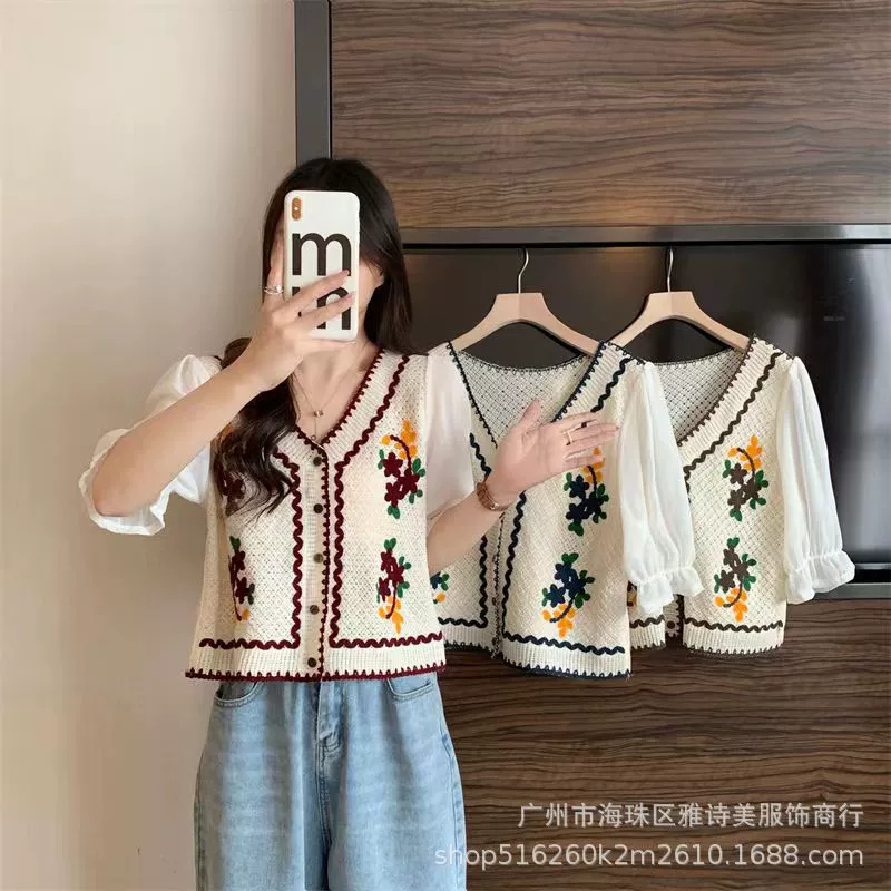 Французская ретро-нишевая вязаная шифоновая рубашка с короткими рукавами и вышивкой, женский летний короткий топ с дизайном для похудения