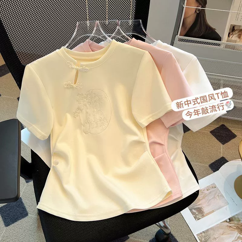 Новый китайский стиль с короткими рукавами футболка с короткими рукавами женская 2025 новый стиль нишевые шикарный национальный стиль вышивки с короткими топами