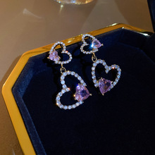 韩版粉色银针镶钻爱心耳环轻奢高级感甜美耳钉时尚百搭耳饰批发女