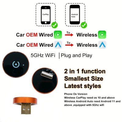 2-in-1 Car Machine Interconnection Simsiz CarPlay və Android Auto - d532-orange-adapter-adapter-cable-15-support-only-overseas-android-apple