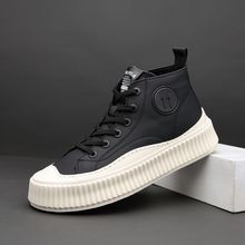 软皮轻便高帮鞋男2024年新款潮冬季个性板鞋真皮高邦饼干厚底男鞋