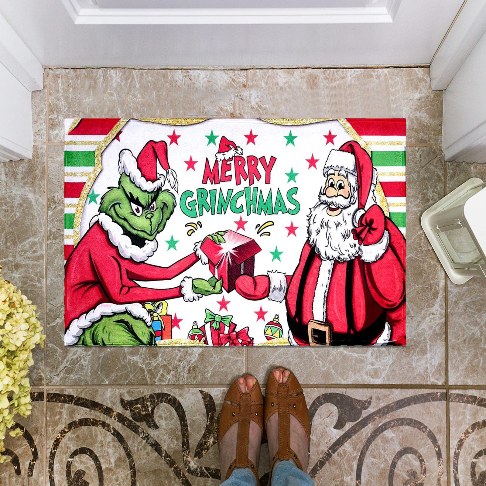 En stock Grinch alfombra del piso transfronterizo alfombra de Navidad alfombra de puerta de vacaciones verde payaso alfombra del piso