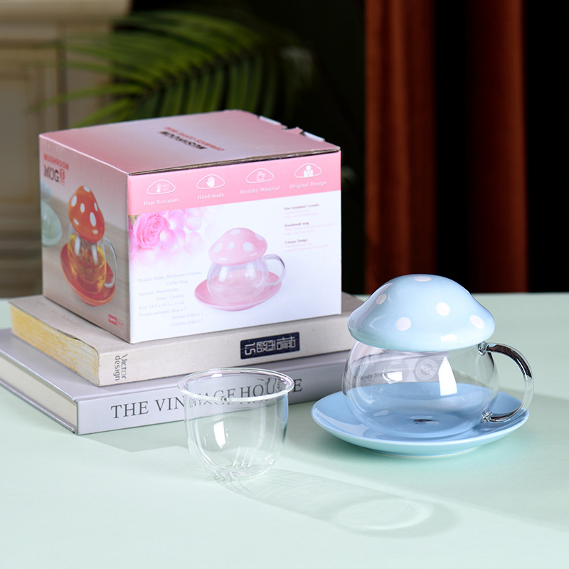 Taza divisoria de té de cerámica de hongos linda transfronteriza, taza de té con filtro, taza de agua, taza de vidrio, taza de té de flores para estudiantes, regalo de la actividad