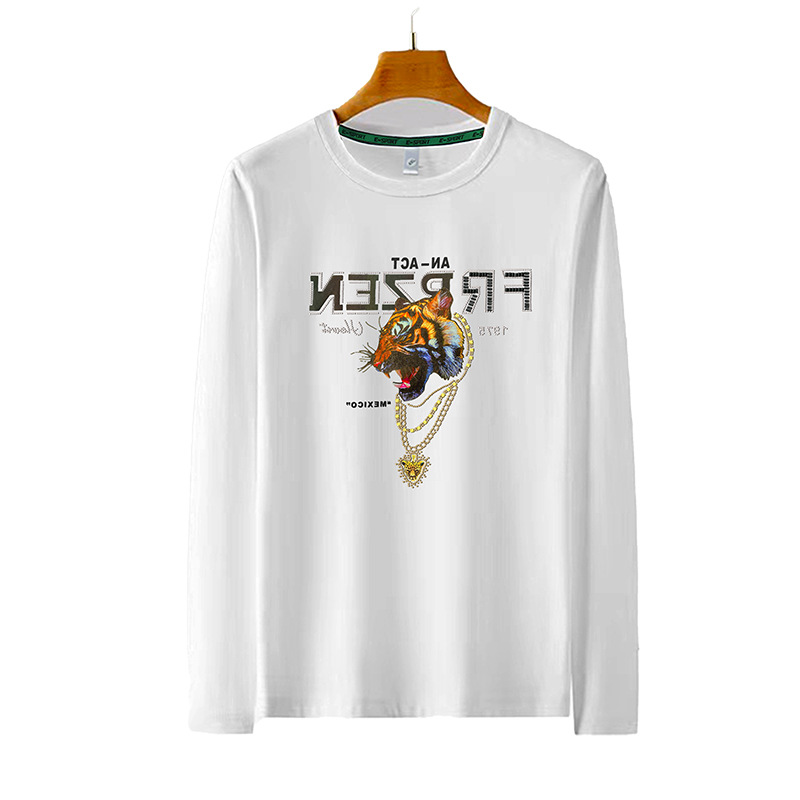 2024 Fashion Men's Spring Autumn Long Sleeve T-Shirt Tiger Head Rhinestone Men's Bottoming Shirt Round Neck Top Tees Breathable Trendy Shirt_voghion.com