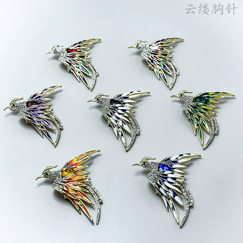 Phoenix metal brooch pin, enamel accents, gold-tone alloy, 5.76×4.48 cm, multicolor options