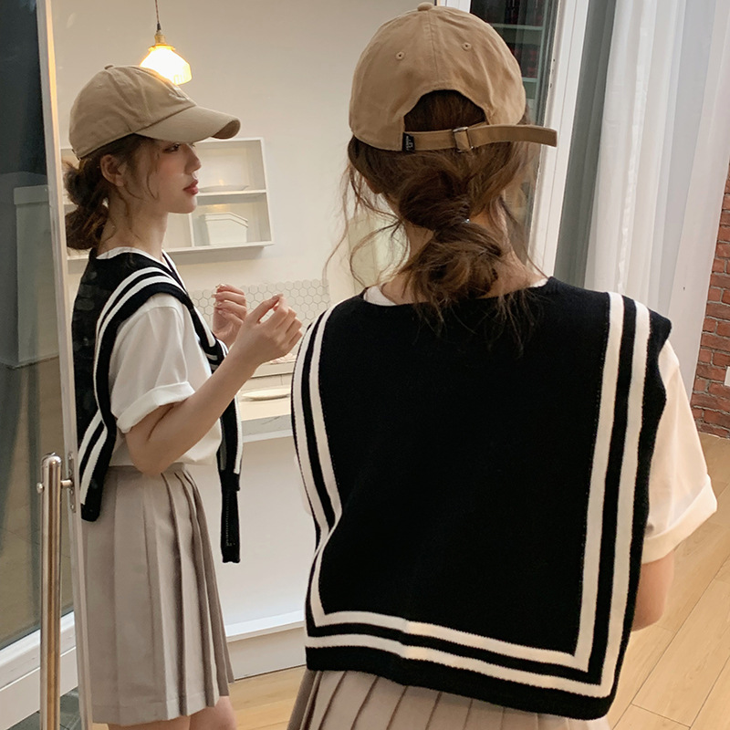 Chal de punto para mujer primavera y verano nuevo estilo azul marino a rayas estilo coreano todo-fósforo aire acondicionado decoración de la habitación cuello exterior chaleco pequeño